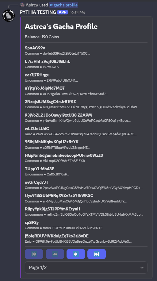An example of /gacha profile when sorting by the time the item was first gotten.