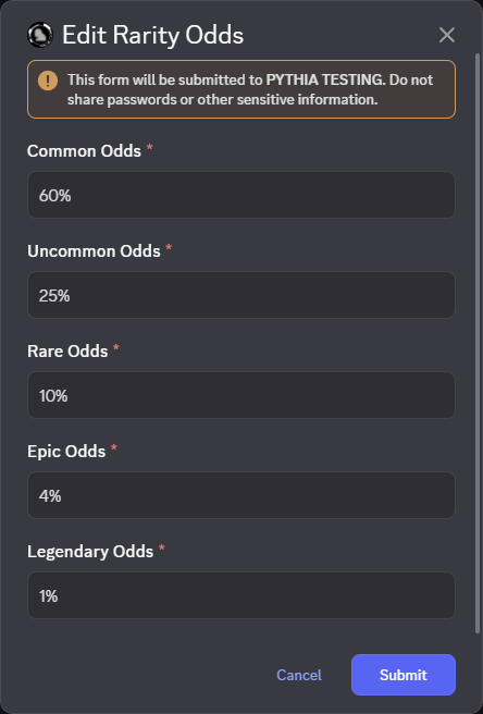 An example of editing rarity odds.
