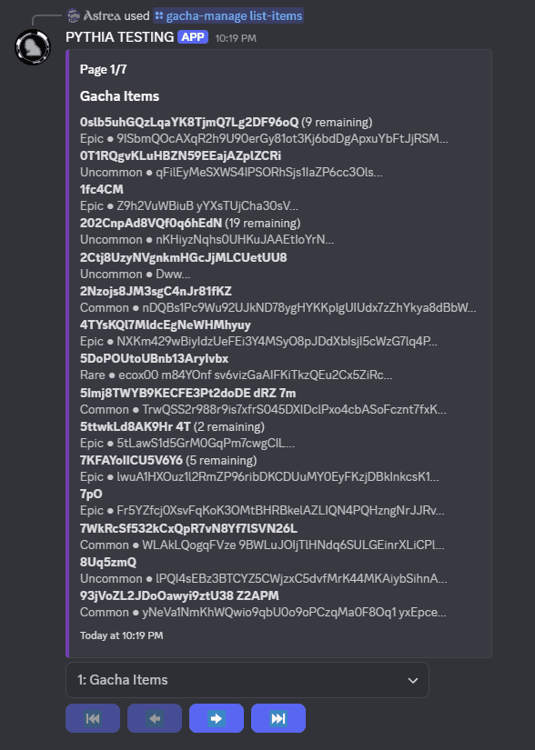 An example of /gacha-manage list-items in cozy mode.