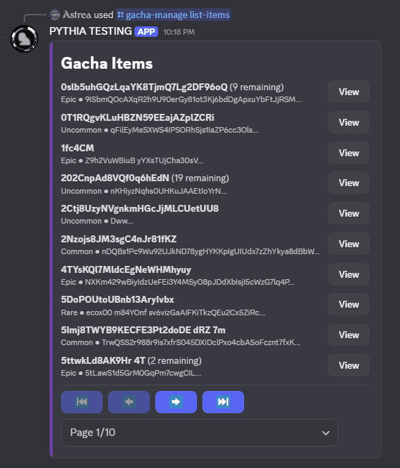 An example of /gacha-manage list-items in spacious mode.