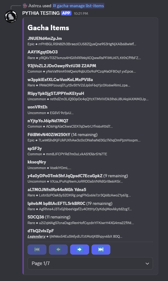 An example of /gacha-manage list-items when sorting by time created.