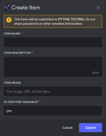 An example of the prompt to create an item.